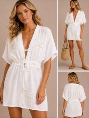 blue island White Embroidered Beach Cover-Up